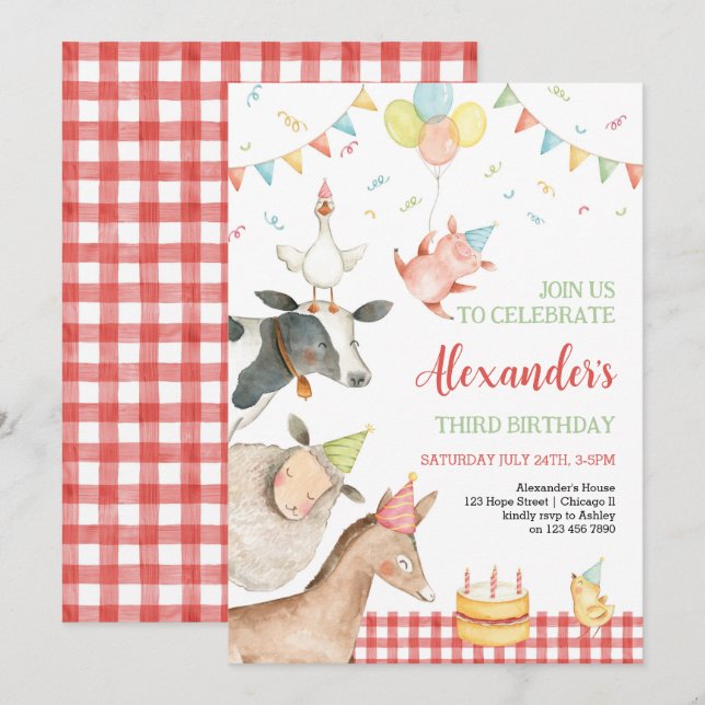 Invitation Animaux de ferme Red Barnyard Girl Boy 3e annivers (Devant / Derrière)