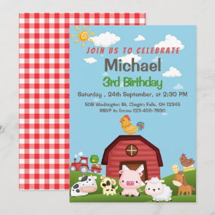 Invitation Animaux de ferme Red En vichy Barnyard Birthday In