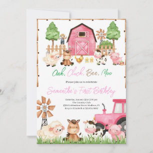 Invitation Animaux de ferme roses fête d'anniversaire