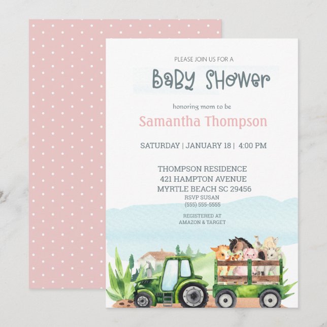 Invitation Animaux de ferme Tracteur vert Baby shower filles (Devant / Derrière)