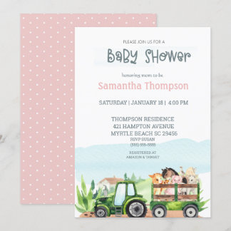 Invitation Animaux de ferme Tracteur vert Baby shower filles