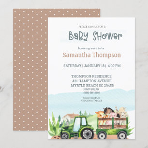 Invitation Animaux de ferme Tracteur vert Baby shower garçon 