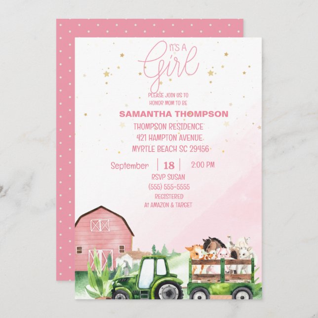 Invitation Animaux de ferme Tracteur vert Baby shower rose (Devant / Derrière)