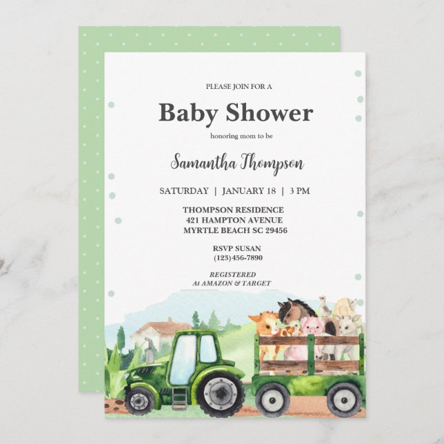 Invitation Animaux de ferme Tracteur vert Garçons Baby shower (Devant / Derrière)