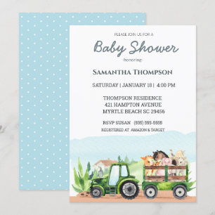 Invitation Animaux de ferme Tracteur vert Garçons Baby shower