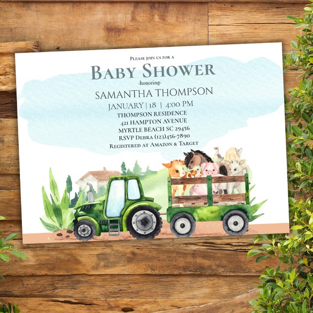 Invitation Animaux de ferme Tracteur vert Garçons Baby shower (Créateur téléchargé)