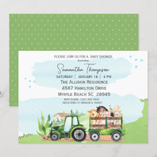 Invitation Animaux de ferme Tracteur vert Garçons Baby shower