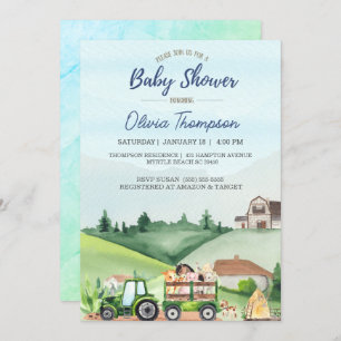 Invitation Animaux de ferme Tracteur vert Garçons Baby shower