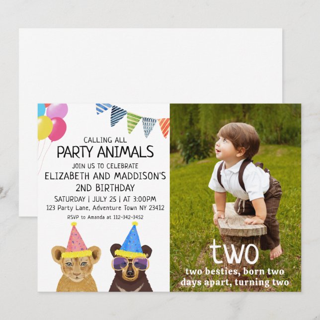 Invitation Animaux de fête 2e anniversaire (Devant / Derrière)