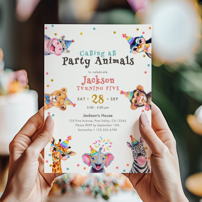 Invitation Animaux de Fête 5ème Anniversaire Thème Animalier  (Créateur téléchargé)