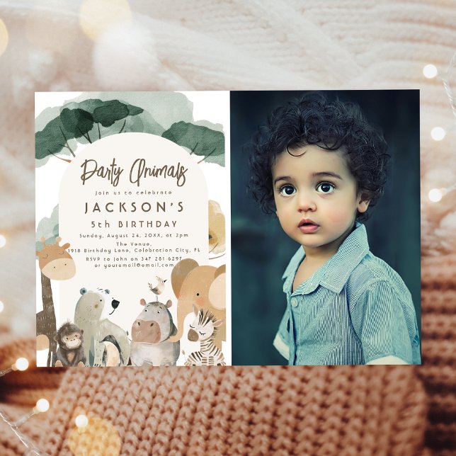 Invitation Animaux de fête à l'aquarelle Photo Fête d'anniver (Créateur téléchargé)