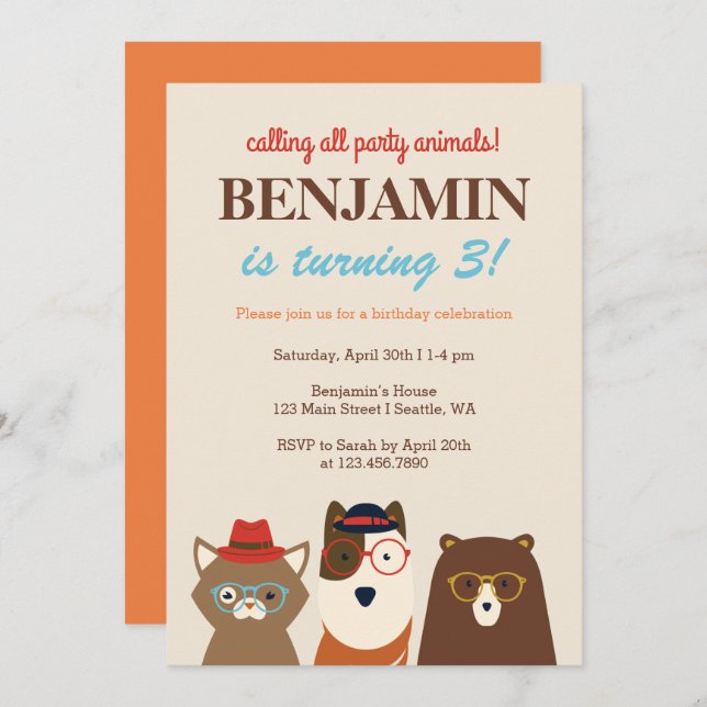 Invitation Animaux de fête Amusants Anniversaire Fête Invitat (Devant / Derrière)