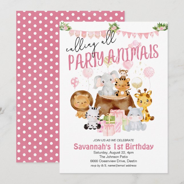 Invitation Animaux de Fête Anniversaire Rose (Devant / Derrière)