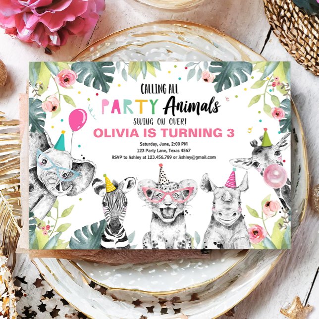Invitation Animaux de fête Anniversaire Safari Fille Animaux  (Créateur téléchargé)