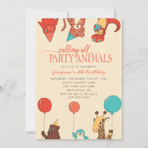 Invitation Animaux de Fête avec Ballons Anniversaire Enfants 