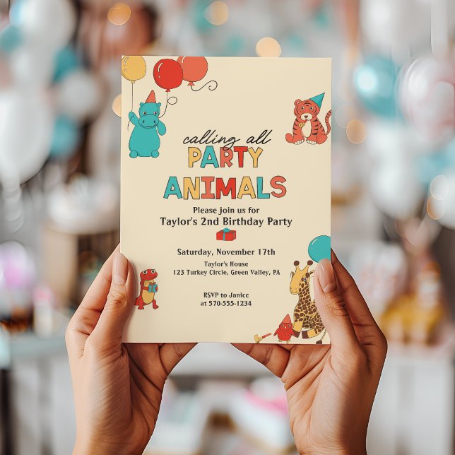 Invitation Animaux de Fête avec Ballons Couleurs Rétro Annive (Créateur téléchargé)