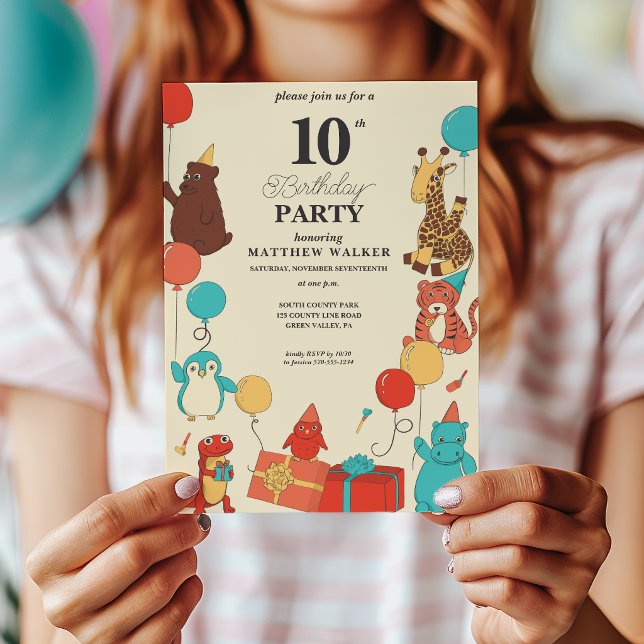 Invitation Animaux de fête avec chapeaux et ballons Anniversa (Créateur téléchargé)