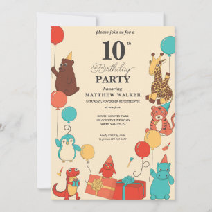 Invitation Animaux de fête avec chapeaux et ballons Anniversa