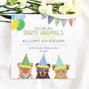 Invitation Animaux de fête Bleu Anniversaire