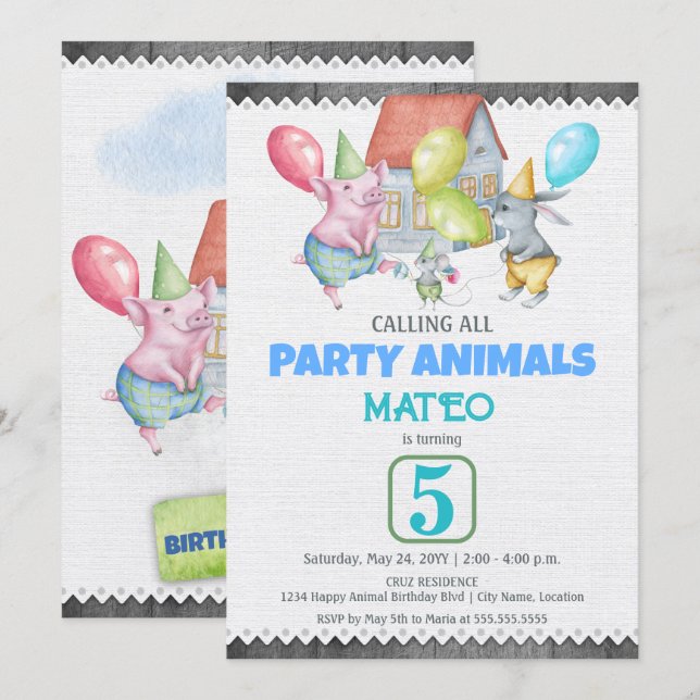Invitation Animaux de fête colorés amusants Anniversaire (Devant / Derrière)