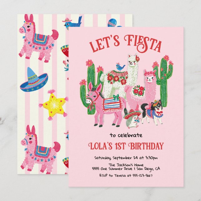 Invitation Animaux de fête d'anniversaire de Fiesta mexicaine (Devant / Derrière)
