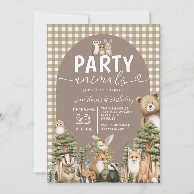 Invitation Animaux de fête de forêt de bois Gingham 1er anniv (Devant)