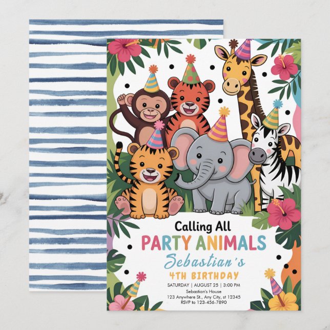 Invitation Animaux de fête de jungle adorables Anniversaire (Devant / Derrière)