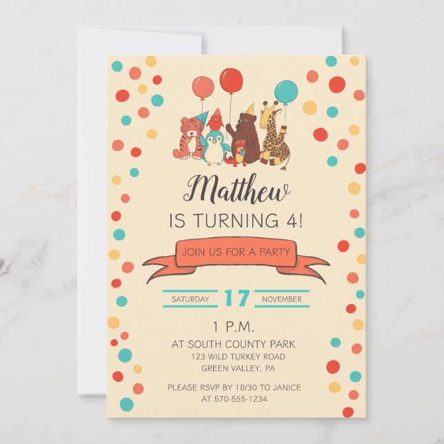 Invitation Animaux de Fête et Points de Naissance pour Enfant (Devant)