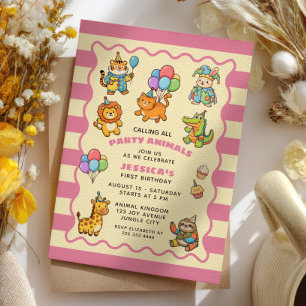 Invitation Animaux de Fête Fille Bébé Rose Première Fête d'An