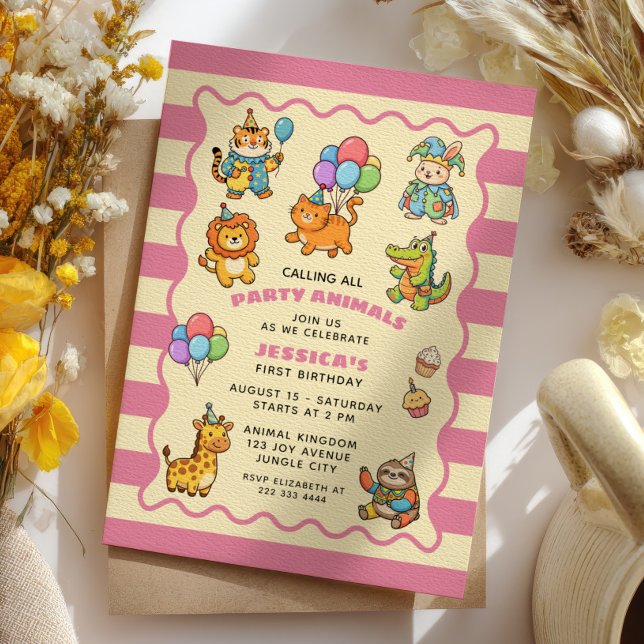 Invitation Animaux de Fête Fille Bébé Rose Première Fête d'An (Créateur téléchargé)