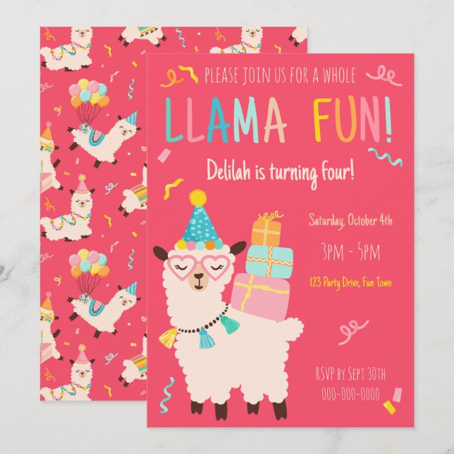 Invitation Animaux de Fête Lama Anniversaire Filles Rose (Devant / Derrière)