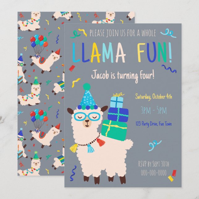 Invitation Animaux de Fête Lama Anniversaire Garçons Gris (Devant / Derrière)