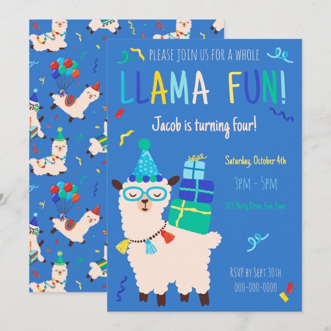 Invitation Animaux de fête Lama Garçons d'anniversaire Bleu (Devant / Derrière)