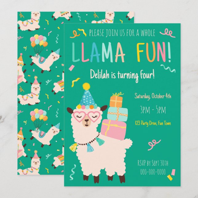 Invitation Animaux de fête Llama Anniversaire Filles Vert (Devant / Derrière)