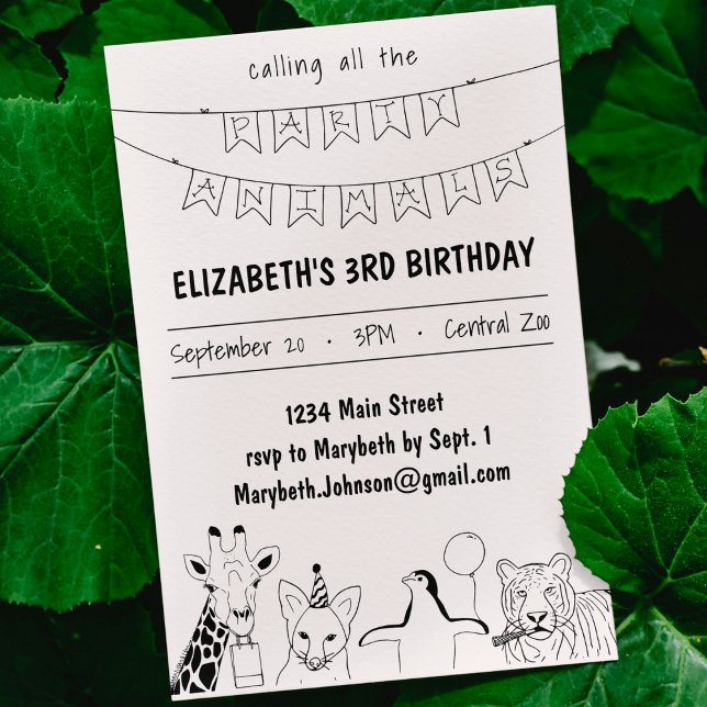 Invitation Animaux de fête Main tiré Doodle Enfant's Birthday (calling all party animals kid's birthday invitation custom hand drawn doodle cute bday party )