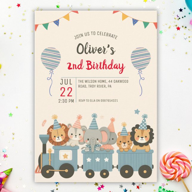 Invitation Animaux de fête mignons dans un train charmant (Créateur téléchargé)