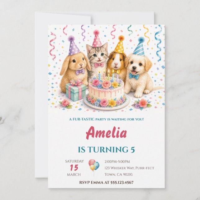 Invitation Animaux de Fête Mignons en Aquarelle Gâteau d'Anni (Devant)