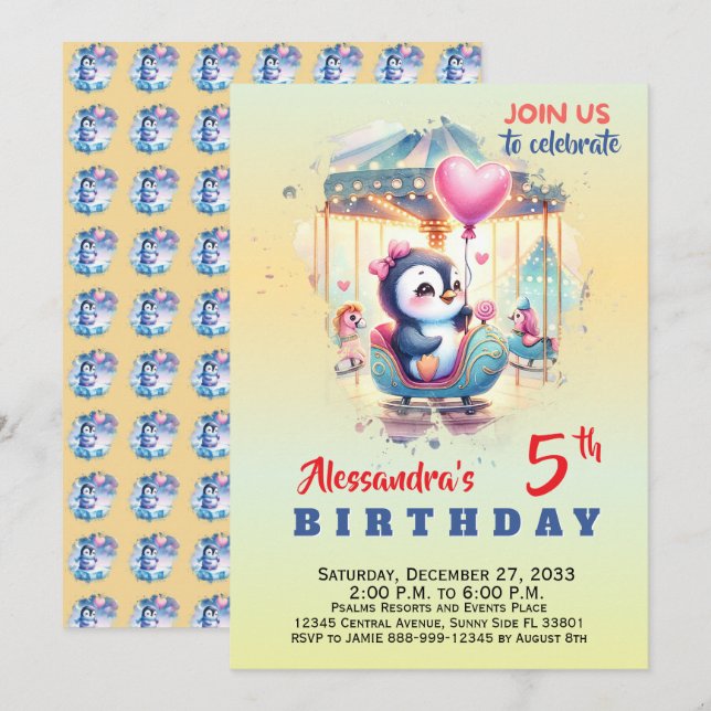 Invitation Animaux de fête mignons Manchot Aquarelle (Devant / Derrière)