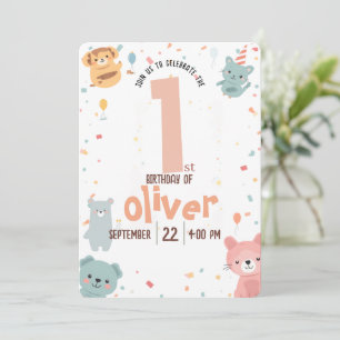 Invitation Animaux de fête mignons pour un premier anniversai