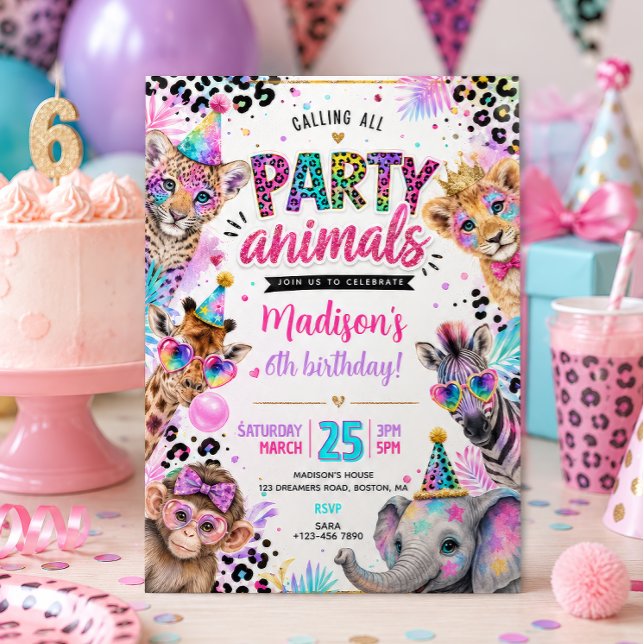 Invitation Animaux de fête néon Anniversaire  (Créateur téléchargé)
