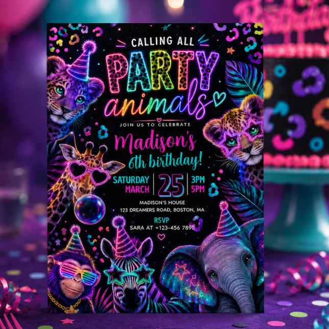 Invitation Animaux de fête néon pour anniversaire  (Créateur téléchargé)
