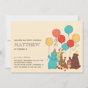 Invitation Animaux de fête Ours, Girafe, Hippopotame Annivers