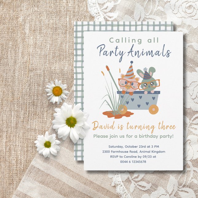 Invitation Animaux de fête pour enfants Enfants mignons Invit (Farm Animals Birthday Invitation Calling All Party Animals)