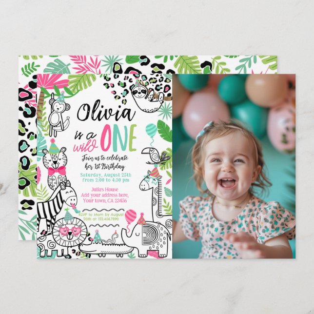 Invitation Animaux de fête, Safari Jungle 1er anniversaire (Devant / Derrière)