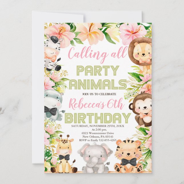 Invitation Animaux de fête sauvages Anniversaire, N'Importe Q (Devant)
