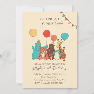 Invitation Animaux de Fête Tigre, Hippopotame, Manchot Annive