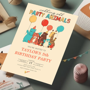 Invitation Animaux de Fête Tigre, Manchot, Girafe Anniversair