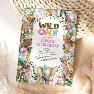 Invitation Animaux de fête Wild One rose violet Safari Annive