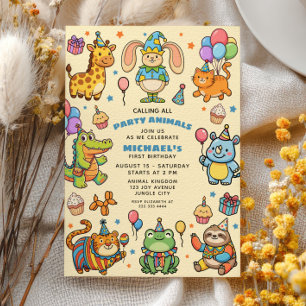 Invitation Animaux de Fête ZOO Fantaisiste Première Fête d'An