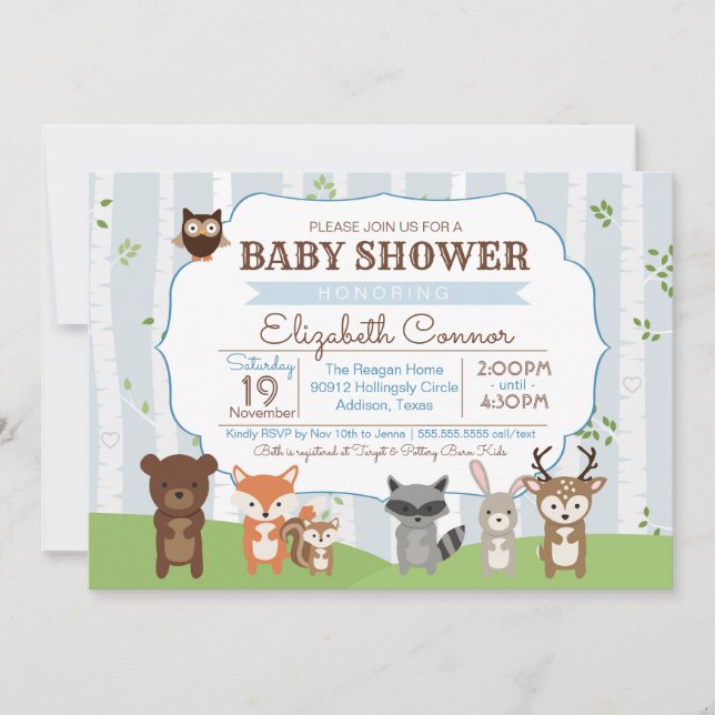 Invitation Animaux de forêt Baby shower de printemps ou d'été (Devant)